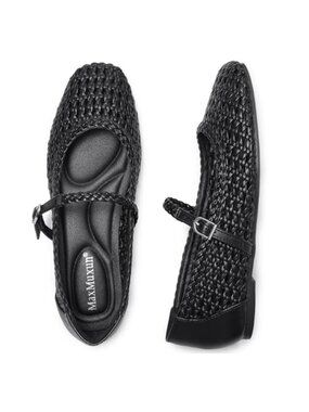Woven Square Toe Mary Jane Ballet Flats Buckle Comfort Dressy Shoes